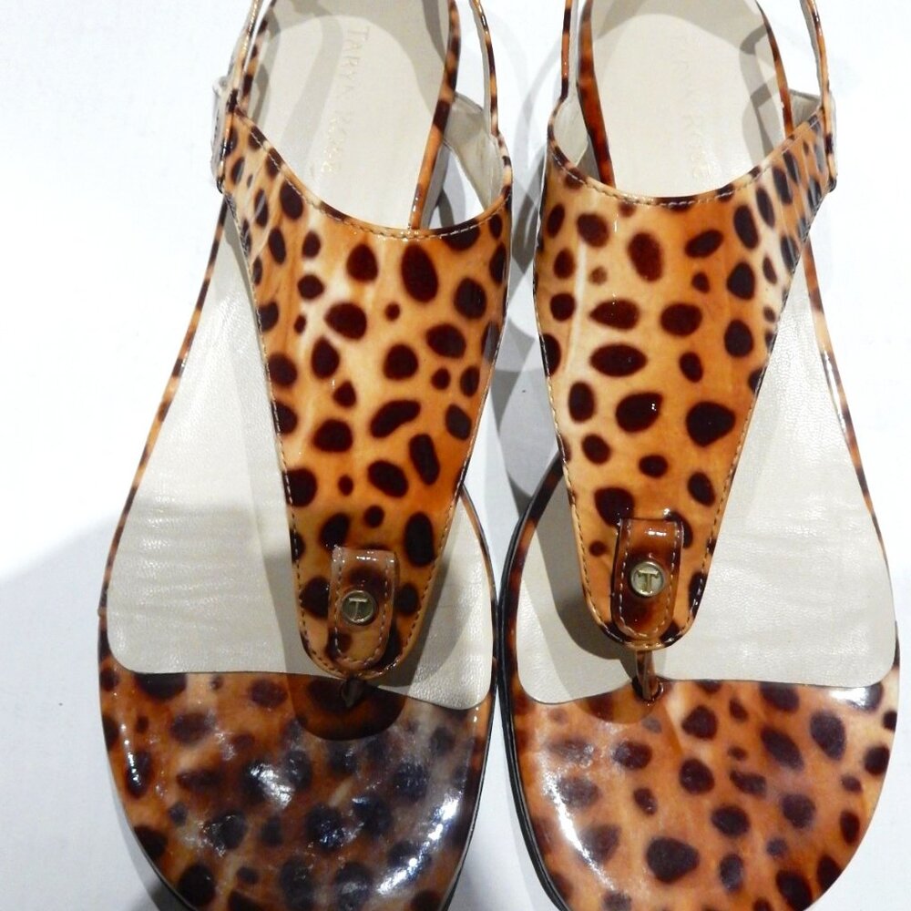 TARYN ROSE "KAT" LEOPARD PATENT THONG WEDGE SANDALS IN 8 1/2M